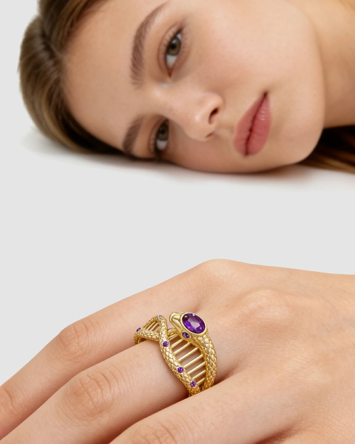 Wrap Around Snake Ring
Unique Design Statement Ring
Snake DNA Ring
Serpent Totem Jewelry
Luxury Colored Gem Ring
Life Symbol Jewelry
Independent Designer Ring
Gene Serpent Ring
Amethyst Gold Ring